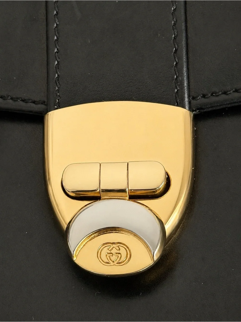 Vintage Gucci Black Leather Structured Top Handle Handbag GG Clasp